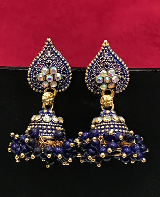 crystal earrings for women -Stunning Antique Gold Blue Color Drop Design Earrings For Women