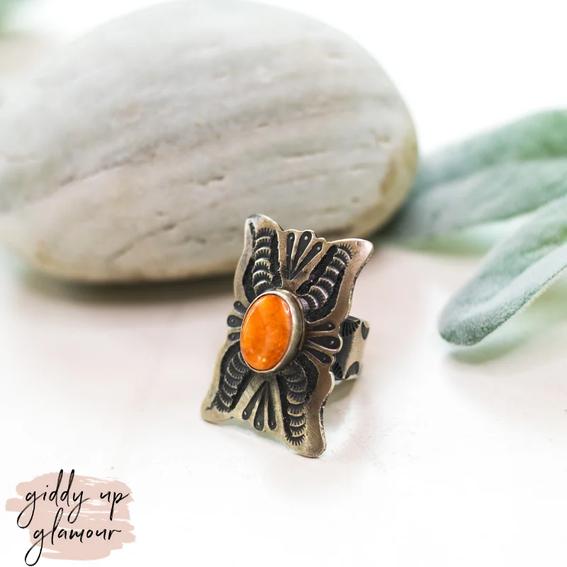 platinum engagement rings for women -Shawn Cayatineto | Navajo Handmade Sterling Silver Ring with Red Orange Spiny Oyster Shell Stone | Size 8