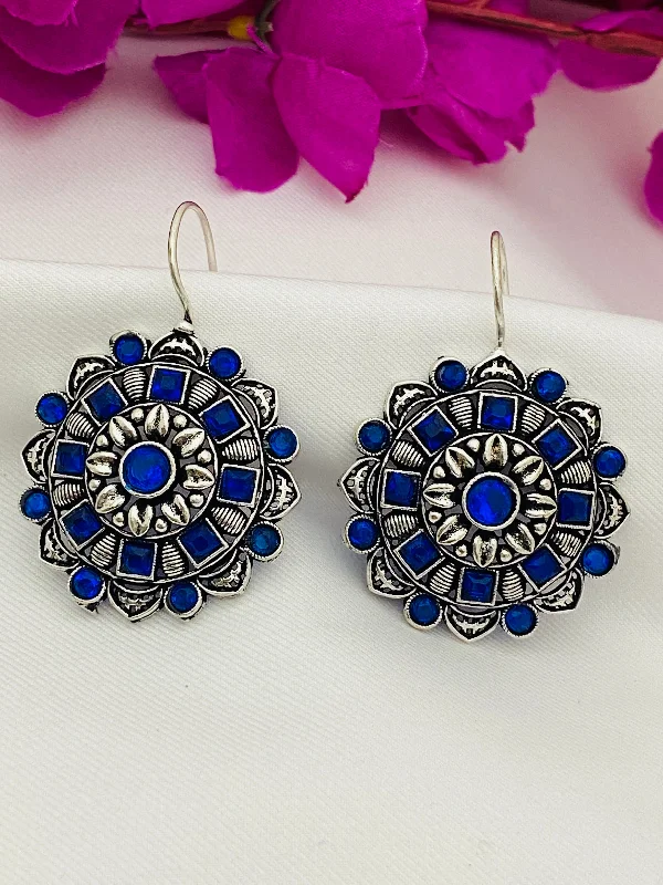 14k gold earrings for women -Gorgeous Floral Design Silver Plated Oxidized Blue Stone Studded Hook Earrings