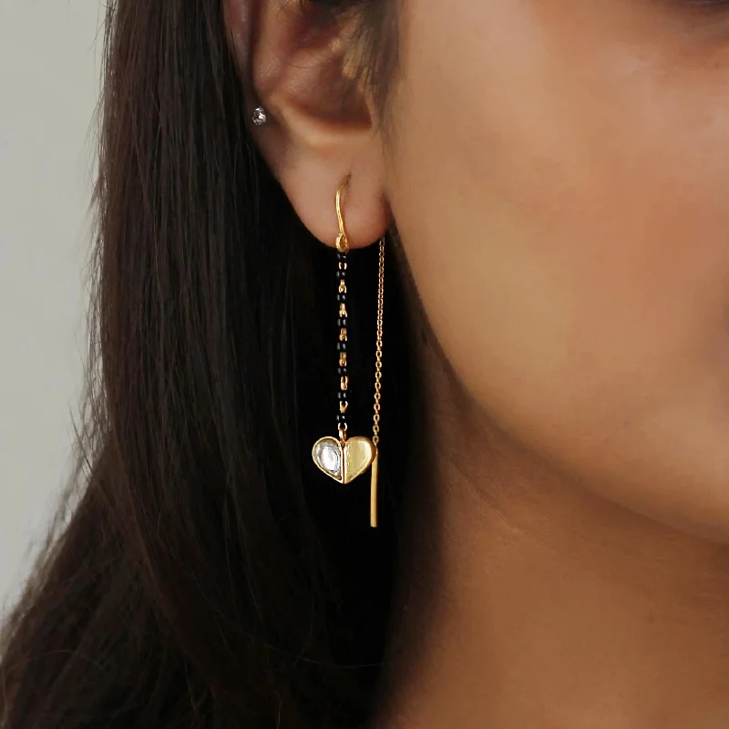 gold ear cuffs for women -Kundan Heart Mangalsutra Earring