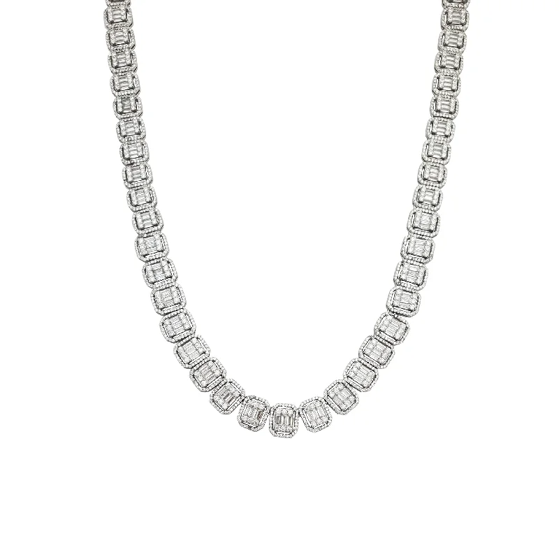 dainty gold necklaces for women -Iced-Out Baguette Box Link CZ Necklace (Silver)