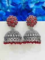 pearl drop earrings for women -Alluring Oxidized Red Beautiful Flower Design Jhumka Earrings