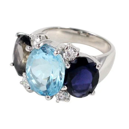 halo engagement rings for women -Medium 18kt White Gold Gum Drop Ring with Blue Topaz and Iolite