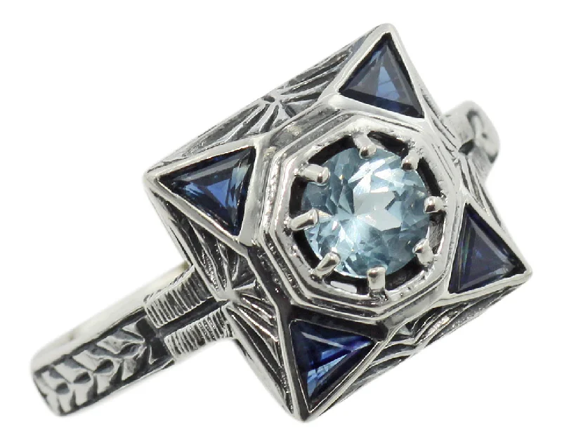 sterling silver rings for women -Vintage Inspired Blue Topaz & Sapphire ring