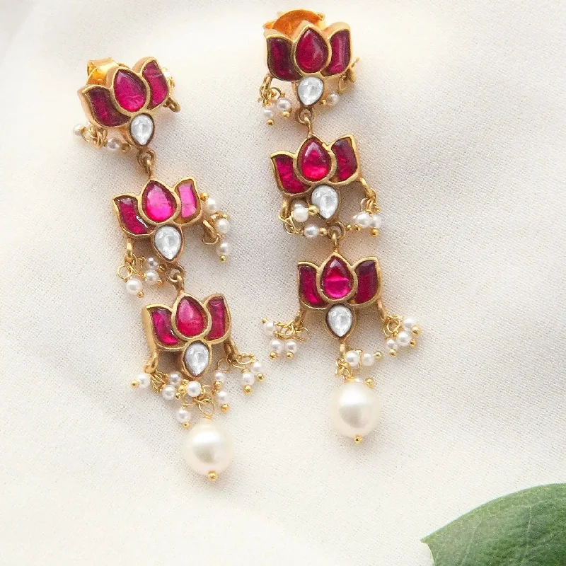 silver stud earrings for women -92.5 Silver Kundan Lotus Bloom Earring with Pearl