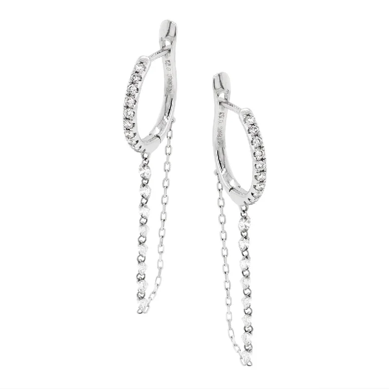 minimalist gold earrings for women -WHITE GOLD DIAMOND HOOP EARRINGS WITH DANGLING CHAINS, 1.07 CT TW