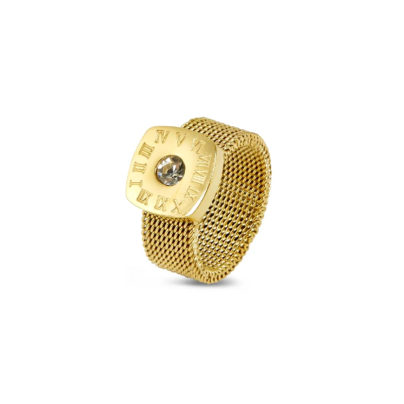 custom rings for women -Mesh Strap Latin Stone Ring - Gold