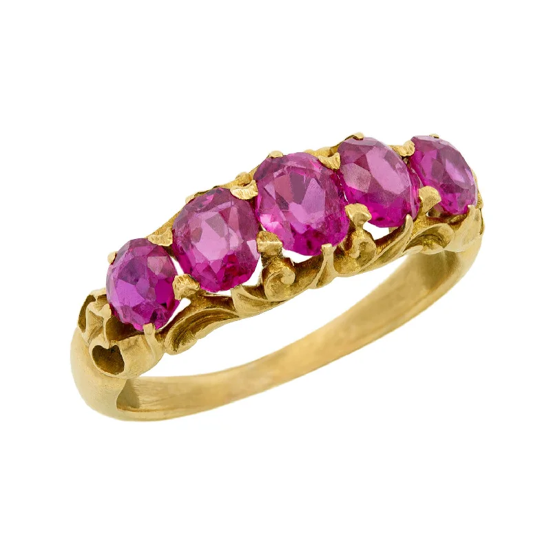 gold wedding bands for women -Art Nouveau 18k No Heat Burmese Ruby Five Stone Ring