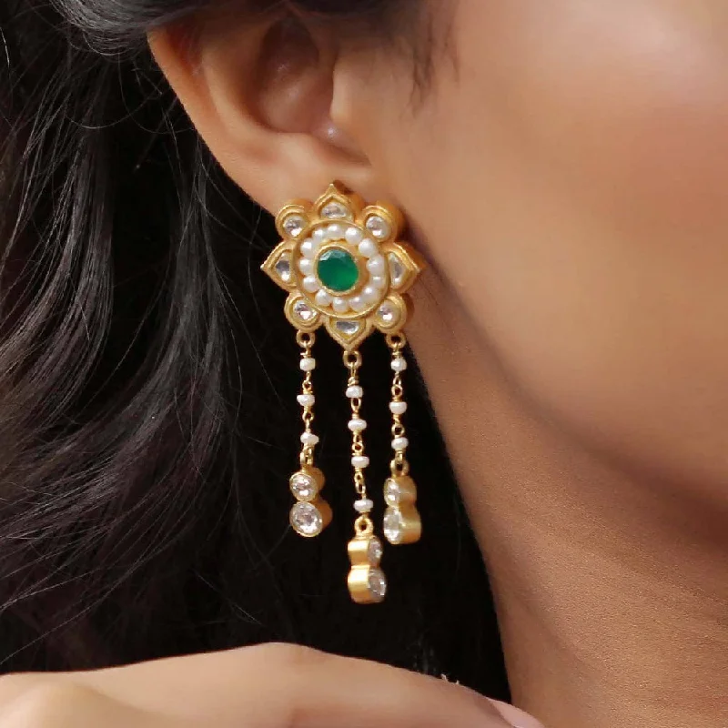 ethnic earrings for women -Majestic White Pearl Earrings with Green stone