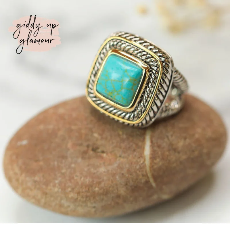 sparkly rings for women -Large Two Toned Ring with Turquoise Stone