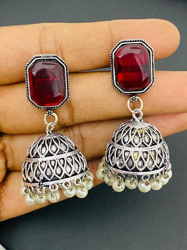 custom earrings for women -Beautiful Maroon Color Small Oxidized Earrings For Women