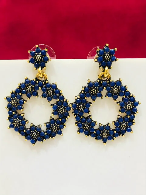 silver earrings for women -Stunning Gold Plated Dark Blue Color Flower Design Work Earrings For Women