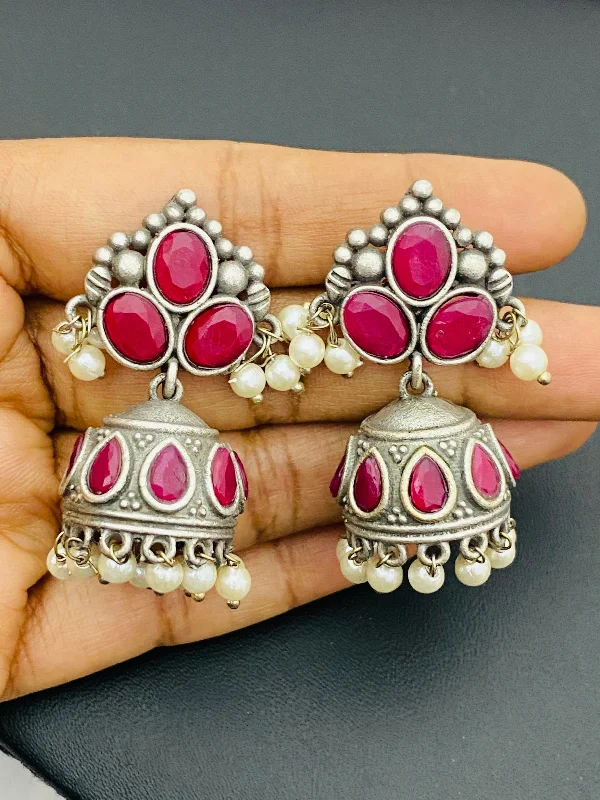 trendy earrings for women -Beautiful Red Color Stoned Silver Oxidized Jhumkas For Women