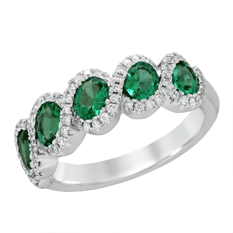 personalized stud earrings for women -WHITE GOLD FASHION RING WITH OVAL CUT EMERALDS AND DIAMONDS, .25 CT TW