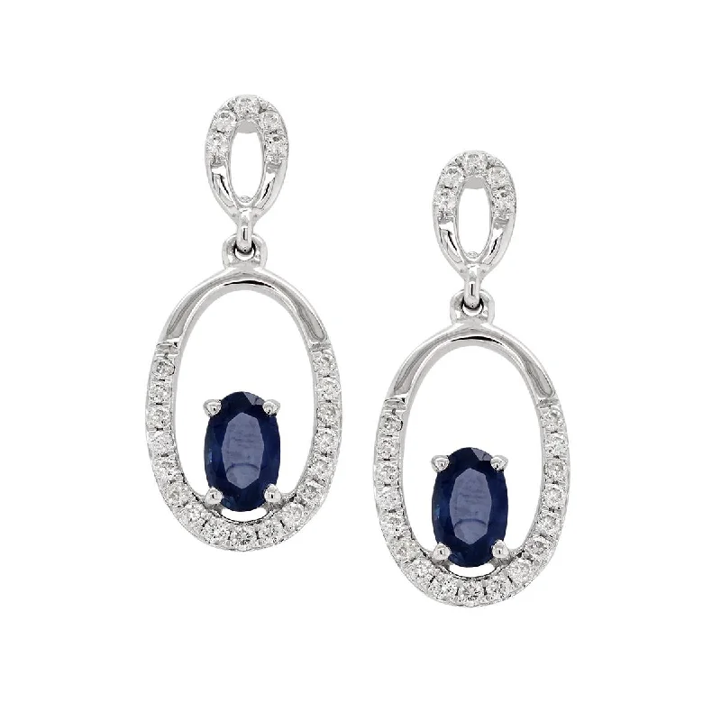 opal earrings for women -WHITE GOLD DANGLE EARRINGS WITH DIAMONDS AND OVAL SAPPHIRES, .20 CT TW