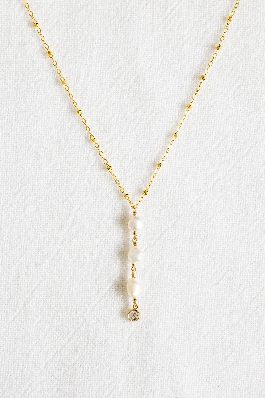 long gold necklaces for women -Triple Stacked Pearl CZ Beam Necklace