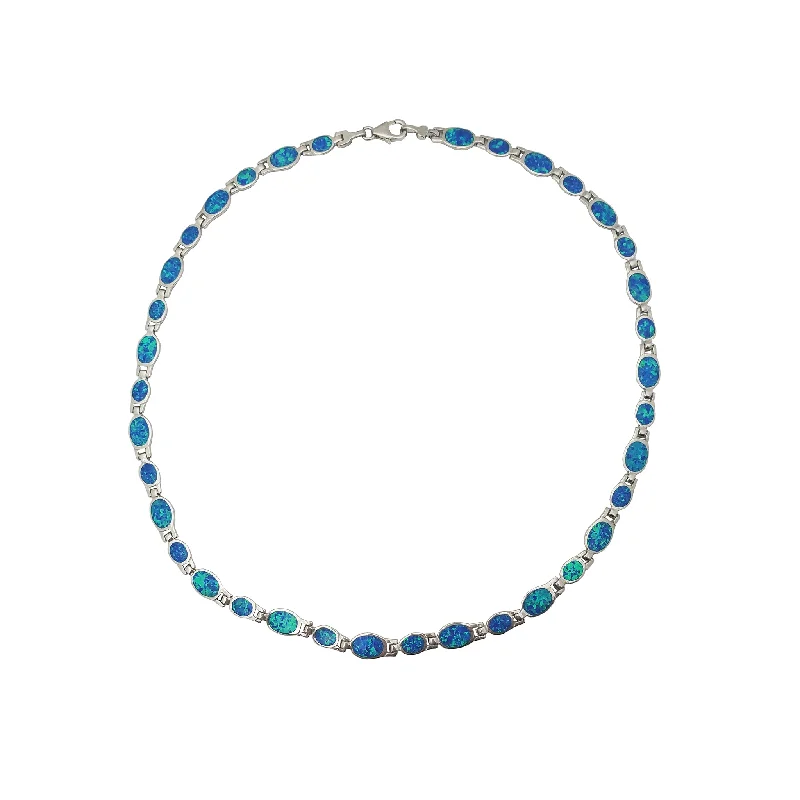 ruby necklaces for women -Blue Oval Opal Necklace (Silver)