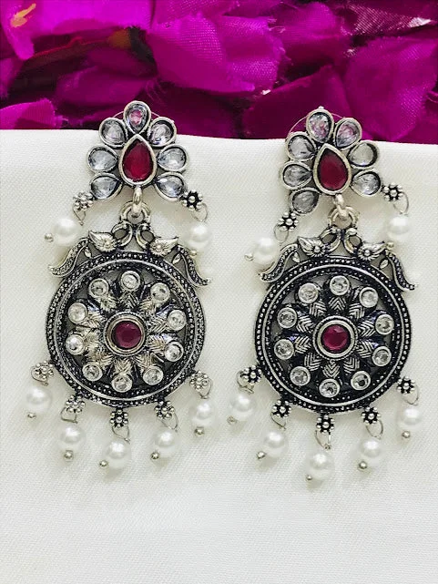 dangling earrings for women -Appealing Oxidized Stone And Beaded Work Earrings For Women