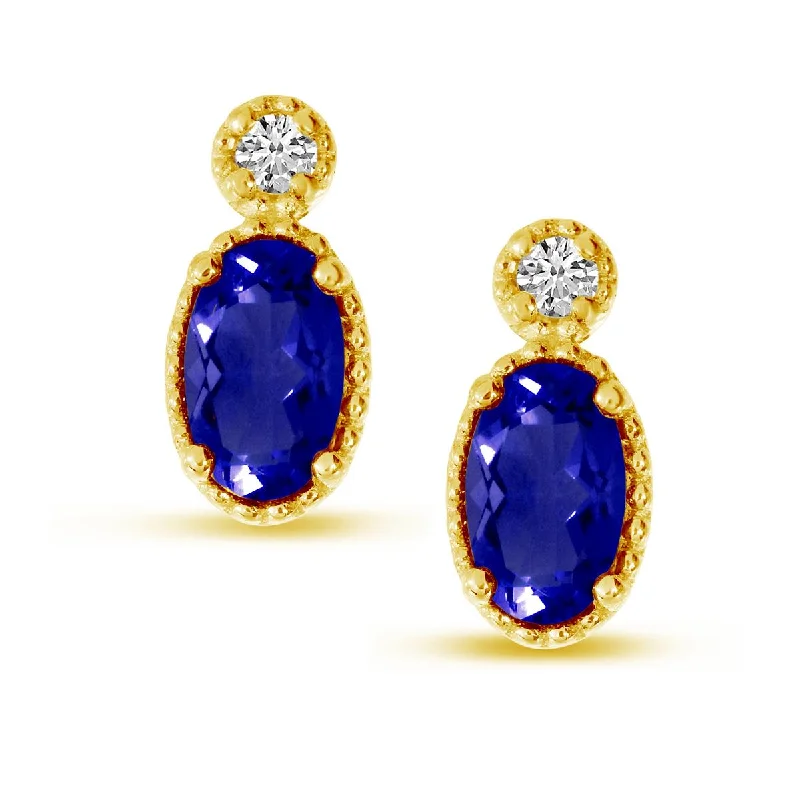 cubic zirconia drop earrings for women -YELLOW GOLD STUD EARRINGS WITH OVAL SAPPHIRES AND ROUND DIAMONDS. 03 CT TW