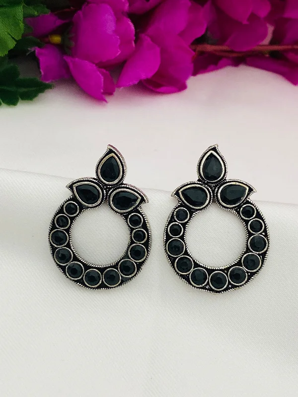 opal earrings for women -Stunning Black Color Stone Rounded Design Oxidized Earrings For Women