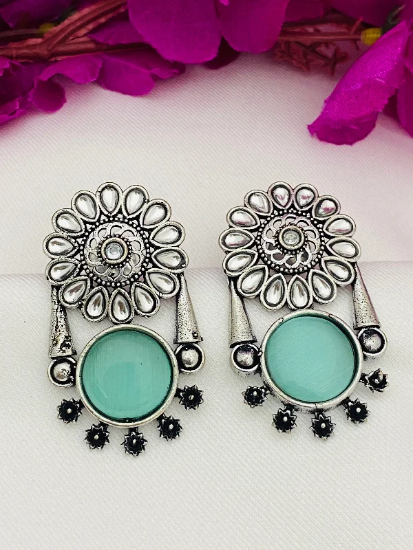 trendy earrings for women -Elegant Light Blue Color Oxidized Flower And Round Designed Earrings