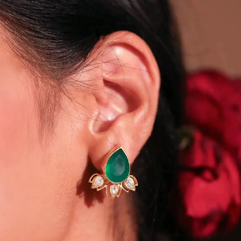 dangly earrings for women -SITAYAN Silver Green Lotus Studs