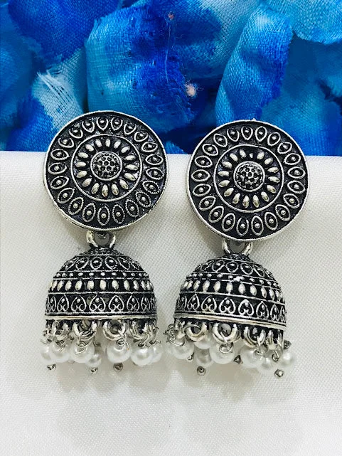 silver hoop earrings for women -Fabulous Silver Color Oxidized Jhumka Earrings For Women