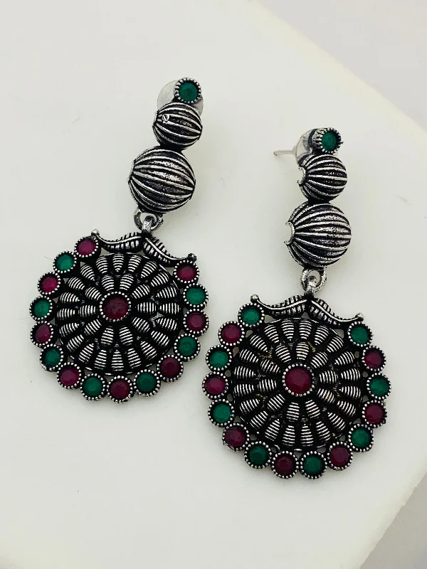 solid gold earrings for women -Fascinating Emerald And Ruby Stone Beaded Silver Toned Long Oxidized Earrings For Women