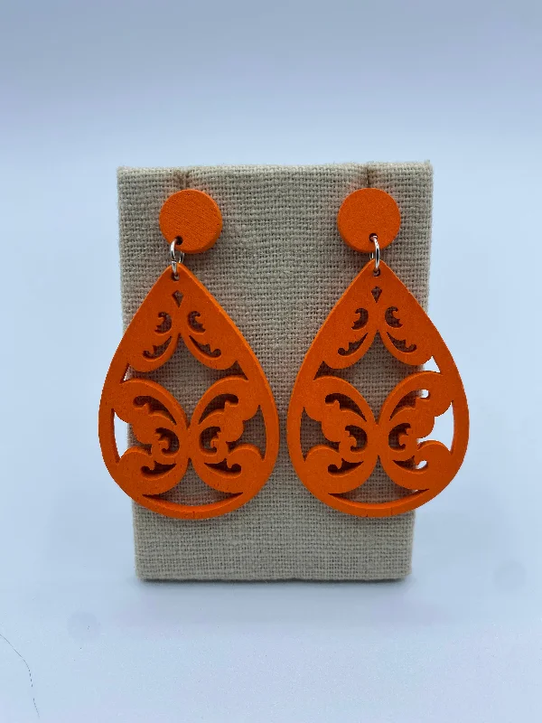 hoop earrings for women -Orange Wooden Teardrop Earrings