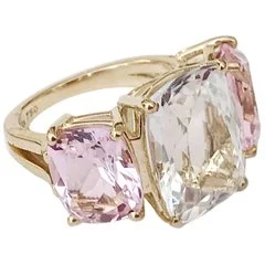 birthstone rings for women -Rock Crystal and Pink Topaz Yellow Gold Three-Stone Cushion Ring