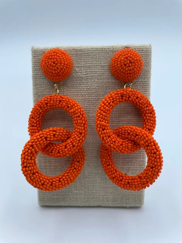 drop earrings for women -Orange Seed Bead Link Earrings