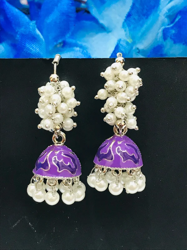 chandelier earrings for women -Attractive Purple Color Oxidized Beaded Work Earrings For Women