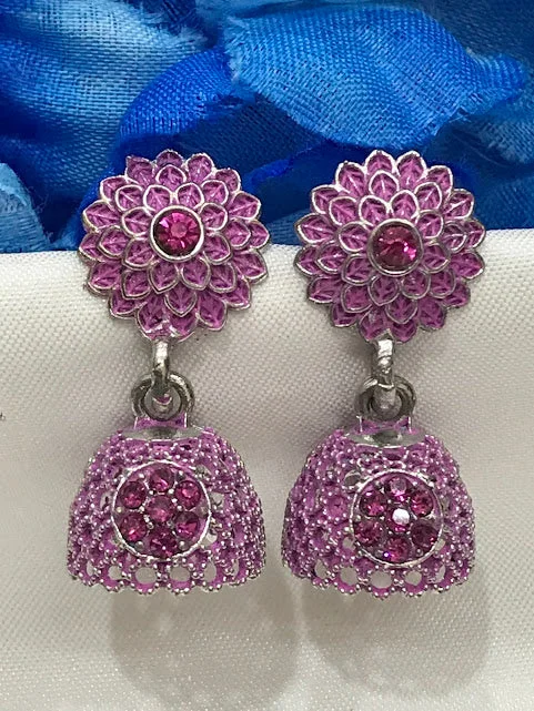 chandelier drop earrings for women -Beautiful Pink Color Oxidized Printed Work Earrings