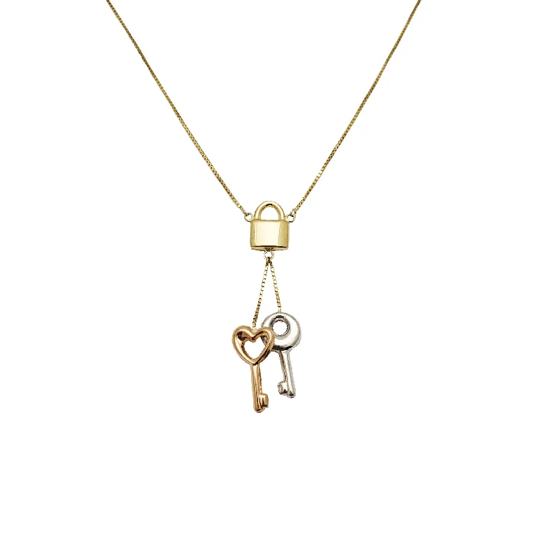 pendant necklaces for women -Tri-color Lock & Keys Charm Necklace (14K)