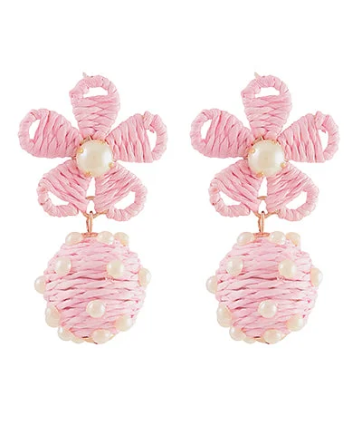 fashion statement earrings for women -Pink Raffia Flower Earrings