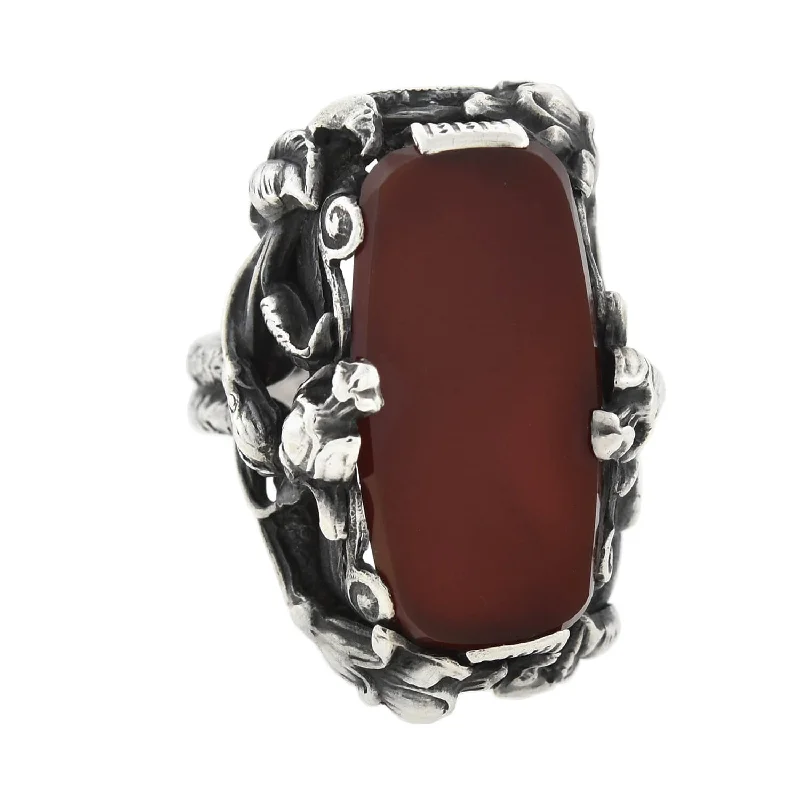 zirconia rings for women -Art Nouveau Large Sterling Carnelian Plaque + Floral Motif Ring