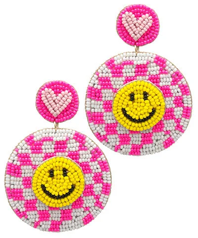 long earrings for women -Fuchsia Checkered Smiley Earrings