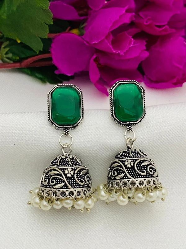 gold stud earrings for women -Alluring Green Color Stoned Oxidized Earrings For Women