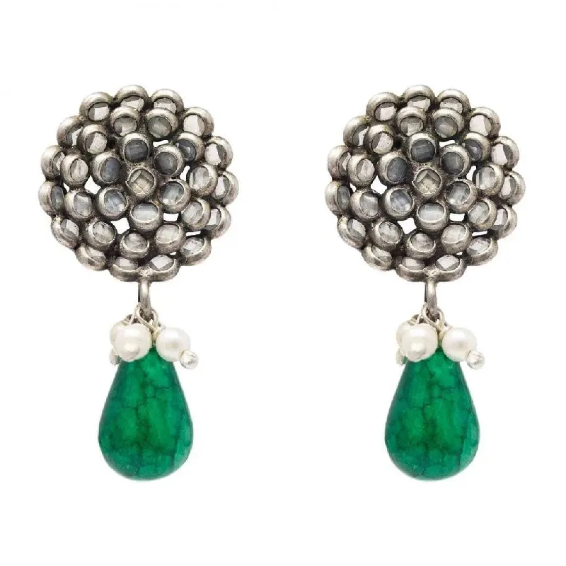 pearl stud earrings for women -Silver Polki Green Drops