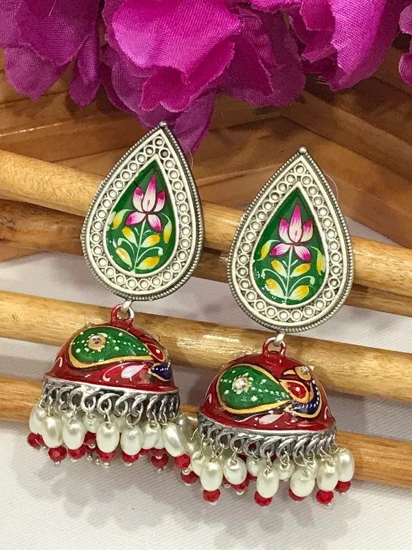 sterling silver hoop earrings for women -Traditional Red And White Beads Silver Plated Hand Painted Oxidized Jhumka Earrings