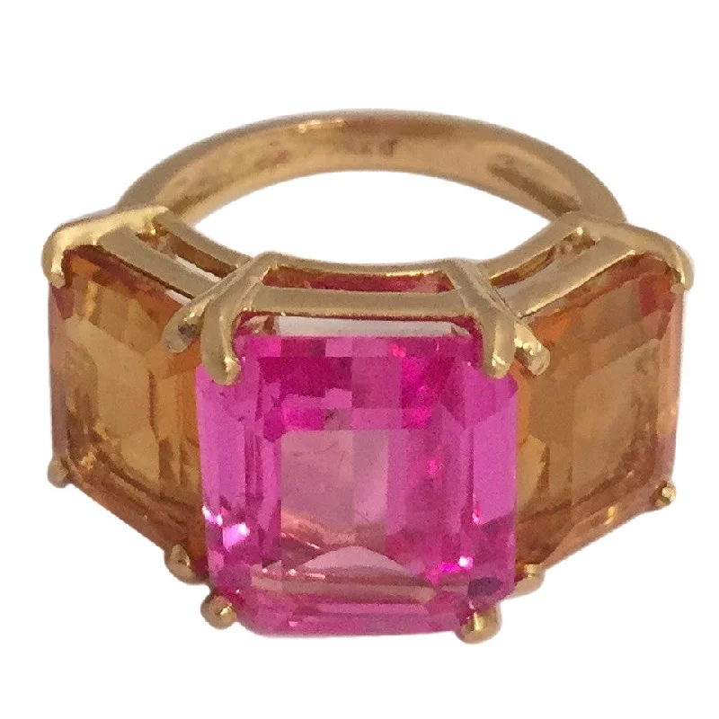 white gold rings for women -18k Yellow Gold Three Stone Emerald Cut Ring with Citrine and Pink Topaz