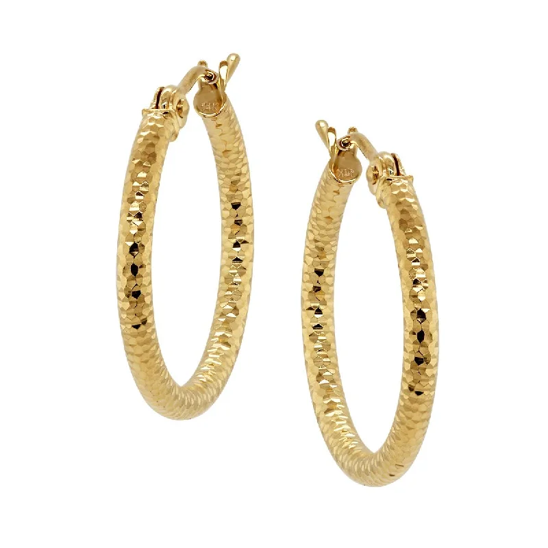 gold hoop stud earrings for women -YELLOW GOLD DIAMOND CUT TEXTURED HOOPS, 20MM