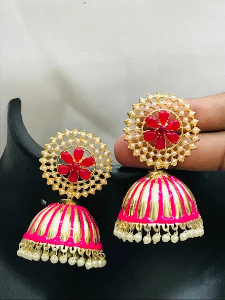 beautiful earrings for women -Attractive Pink Color Gold Plated Earrings