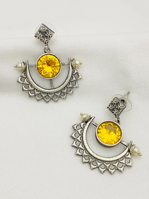 crystal stud earrings for women -Gorgeous Yellow Color Designer Silver Oxidized Earrings For Women