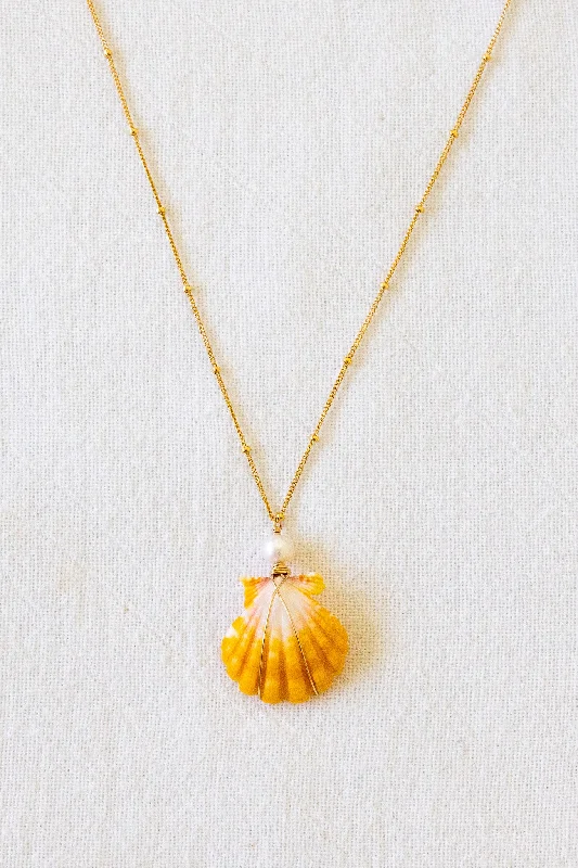 adjustable necklaces for women -Yellow Sunrise Shell & Round Pearl Necklace