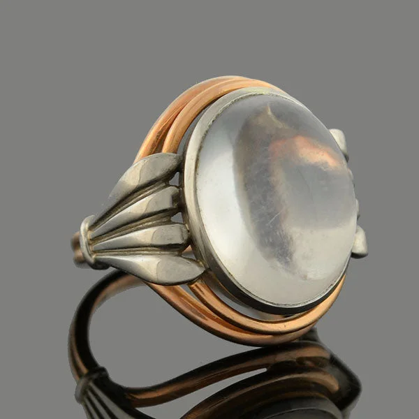 silver promise rings for women -Art Nouveau Platinum + 14kt Mixed Metals Moonstone Ring