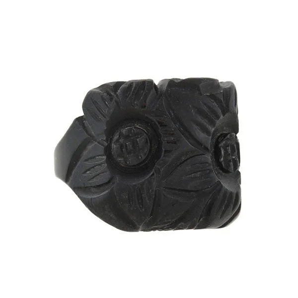 custom wedding rings for women -Retro Black Bakelite Carved Flower Ring