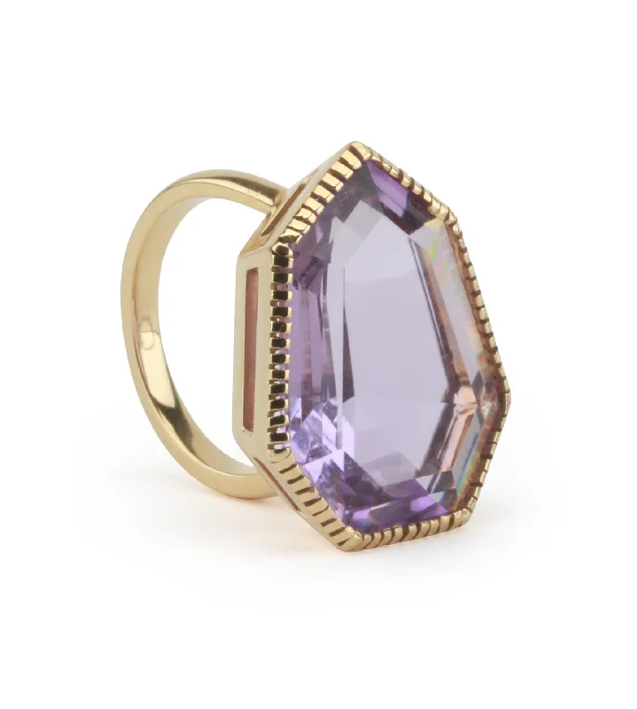 trendy rings for women -18kt Yellow Gold Byzantine Ring with Amethyst