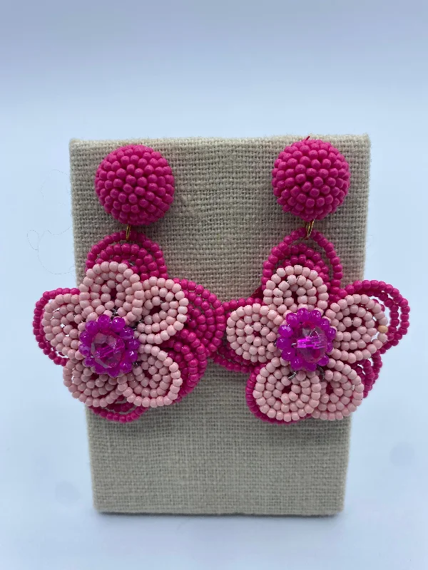 gold chandelier earrings for women -Two-Toned Pink Beaded Flower Earrings