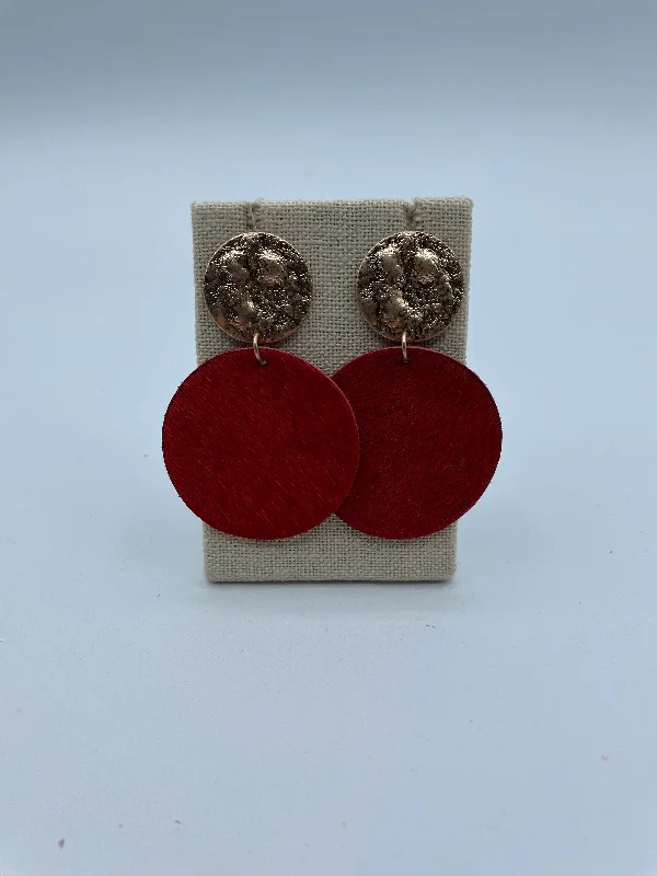 large earrings for women -Red Cowhide Disc Earrings